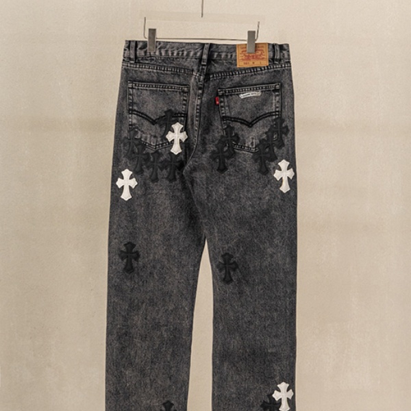 2026新作 CHROME HEARTS クロムハーツ コピー クロスパッチ デニムパンツ メンズ ブラックウォッシュ ジーンズ ワイドストレート ストリート カジュアル