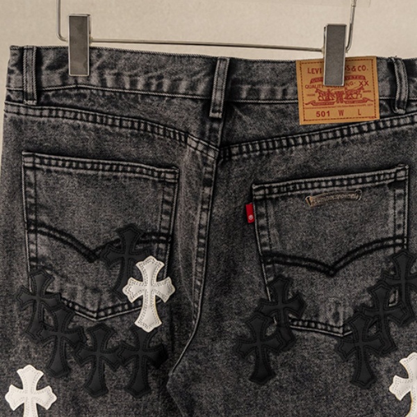 2026新作 CHROME HEARTS クロムハーツ コピー クロスパッチ デニムパンツ メンズ ブラックウォッシュ ジーンズ ワイドストレート ストリート カジュアル