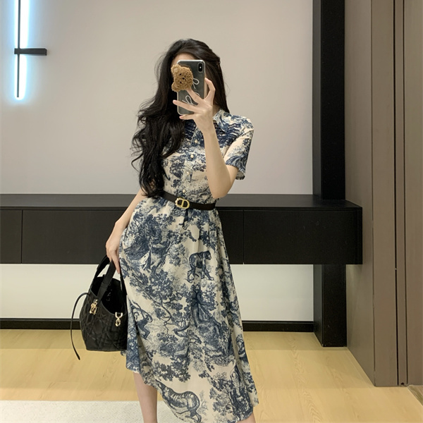 半袖 DIOR ディオール コピー シャツワンピース 総柄プリント ウエストベルト ミディ丈 レディース お出かけ