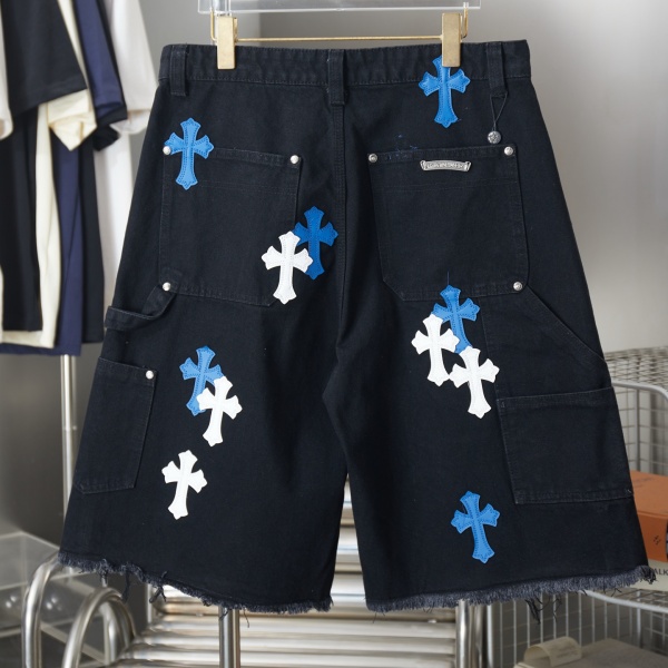 CHROME HEARTS クロムハーツ × GALLERY DEPT ギャラリーデプト 2026新作 クロス刺繍 デニムショートパンツ フリンジ加工 ワイドシルエット メンズ レディース