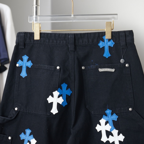 CHROME HEARTS クロムハーツ × GALLERY DEPT ギャラリーデプト 2026新作 クロス刺繍 デニムショートパンツ フリンジ加工 ワイドシルエット メンズ レディース