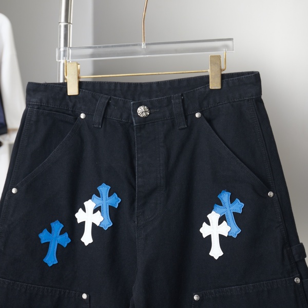 CHROME HEARTS クロムハーツ × GALLERY DEPT ギャラリーデプト 2026新作 クロス刺繍 デニムショートパンツ フリンジ加工 ワイドシルエット メンズ レディース