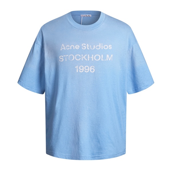 ACNE STUDIOS アクネストゥディオズ 2026 STOCKHOLM ロゴプリント アイスブルー 半袖Tシャツ ウォッシュ加工 ルーズフィット クルーネック カットソー メンズ レディース