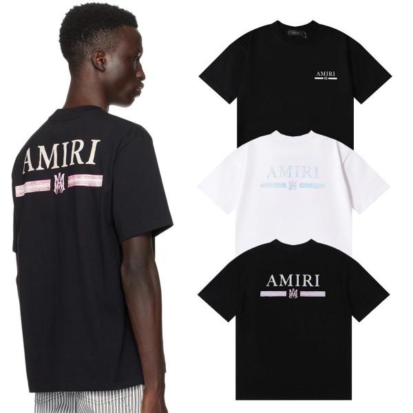 AMIRI アミリ Tシャツ 半袖 前後プリント バックロゴ ラインデザイン ダブルロゴ ストリート オーバーサイズ