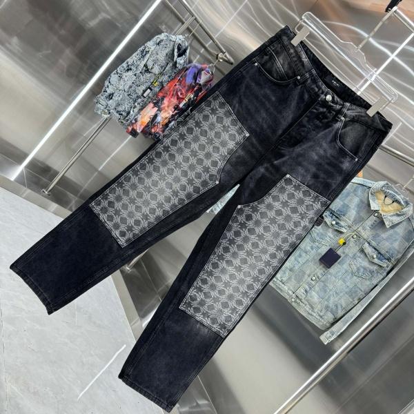 AMIRI アミリ デニムパンツ メンズ ワイドストレート パッチワーク ジャガードロゴ 切替デザイン ストリート カーゴ風