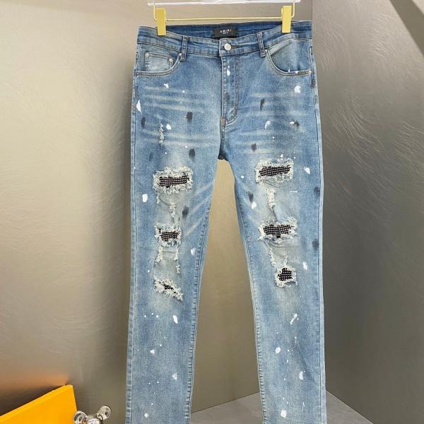 AMIRI アミリ デニムパンツ メンズ MX1スタイル ダメージ加工 ペイント加工 ラインストーン パッチワーク スキニーフィット ストリート