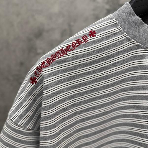 CHROME HEARTS クロムハーツ 2026新作 メンズ ボーダー 半袖Tシャツ クロス刺繍 オーバーサイズ ヴィンテージ風 高街系