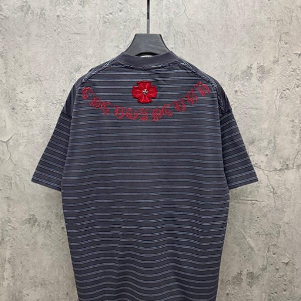 CHROME HEARTS クロムハーツ 2026新作 メンズ ボーダー 半袖Tシャツ クロス刺繍 オーバーサイズ ヴィンテージ風 高街系