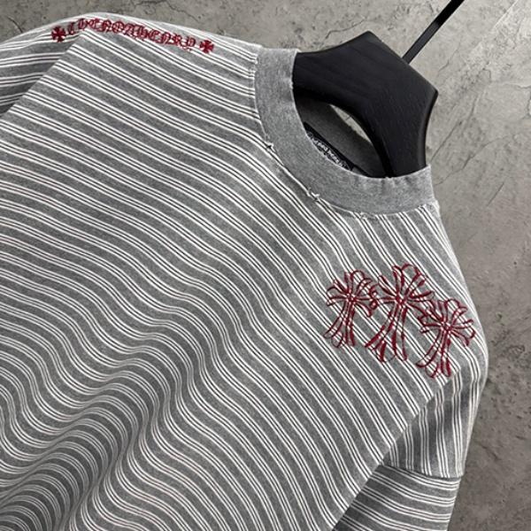 CHROME HEARTS クロムハーツ 2026新作 メンズ ボーダー 半袖Tシャツ クロス刺繍 オーバーサイズ ヴィンテージ風 高街系