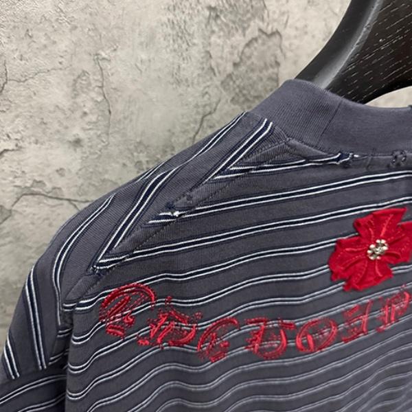 CHROME HEARTS クロムハーツ 2026新作 メンズ ボーダー 半袖Tシャツ クロス刺繍 オーバーサイズ ヴィンテージ風 高街系