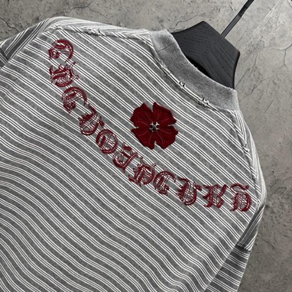 CHROME HEARTS クロムハーツ 2026新作 メンズ ボーダー 半袖Tシャツ クロス刺繍 オーバーサイズ ヴィンテージ風 高街系