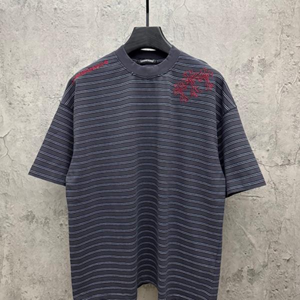 CHROME HEARTS クロムハーツ 2026新作 メンズ ボーダー 半袖Tシャツ クロス刺繍 オーバーサイズ ヴィンテージ風 高街系