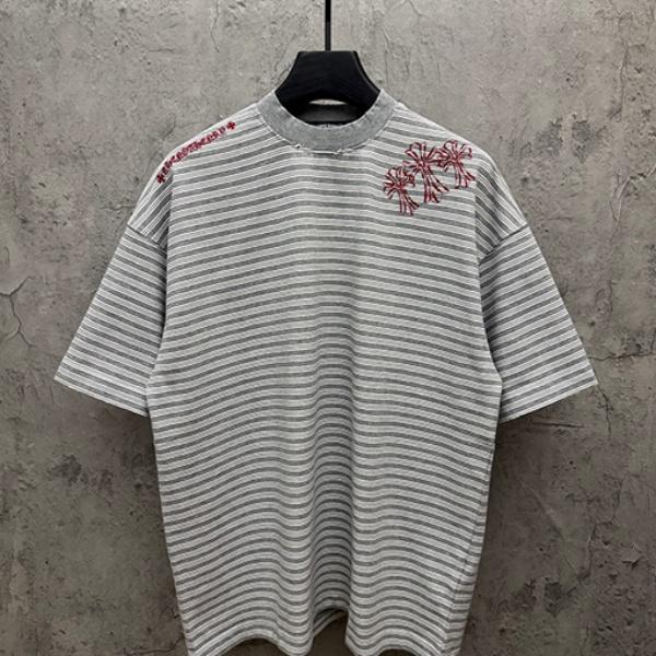CHROME HEARTS クロムハーツ 2026新作 メンズ ボーダー 半袖Tシャツ クロス刺繍 オーバーサイズ ヴィンテージ風 高街系