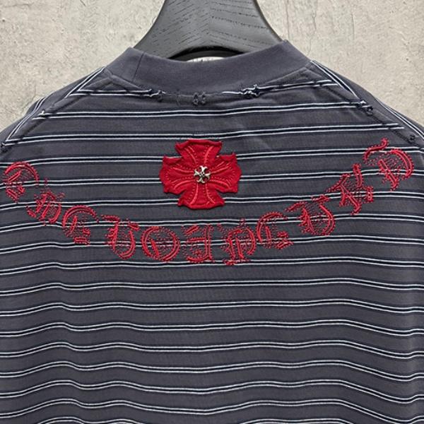 CHROME HEARTS クロムハーツ 2026新作 メンズ ボーダー 半袖Tシャツ クロス刺繍 オーバーサイズ ヴィンテージ風 高街系