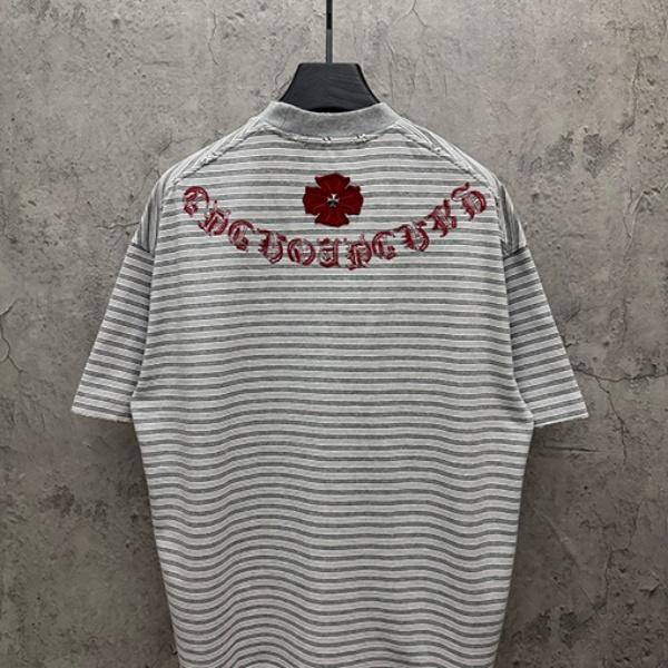 CHROME HEARTS クロムハーツ 2026新作 メンズ ボーダー 半袖Tシャツ クロス刺繍 オーバーサイズ ヴィンテージ風 高街系