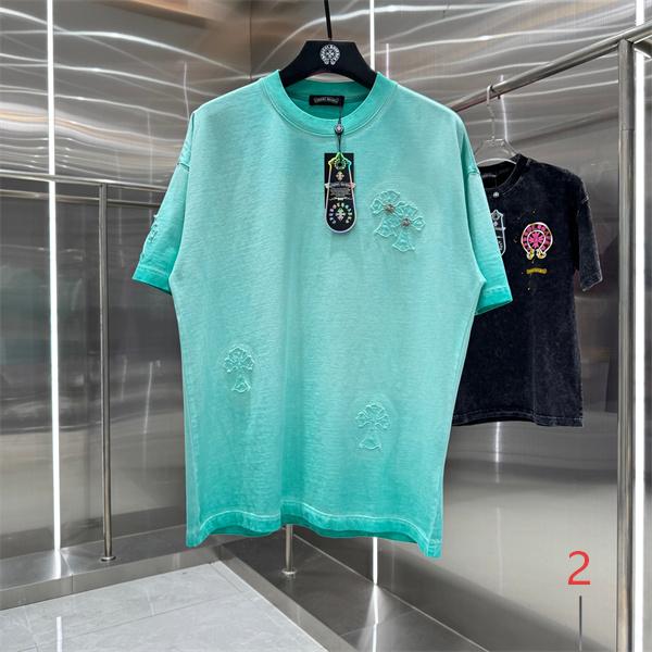ライトブルー 半袖Tシャツ Chrome Hearts クロスパッチ装飾 クロムハーツ コピー 胸元ワンポイント クルーネック バックロゴ刺繍