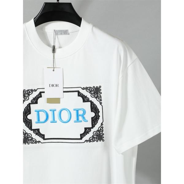  ホワイト 半袖Tシャツ DIOR ブルーロゴ刺繍 ディオール コピー ブラックフレーム装飾 クルーネック 無地バックデザイン