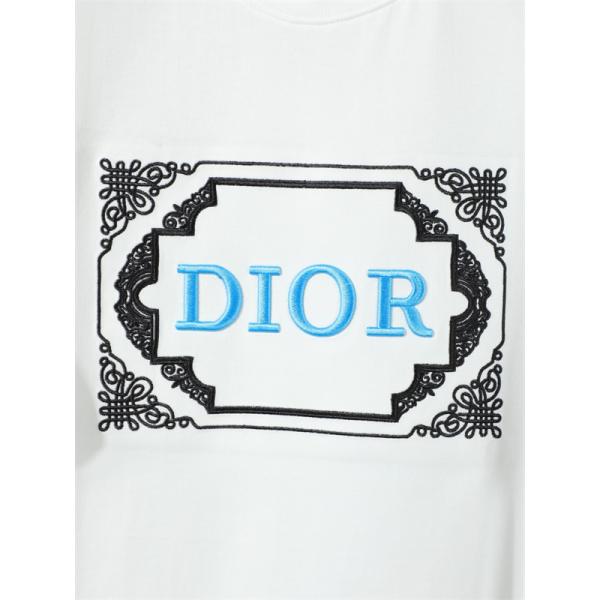  ホワイト 半袖Tシャツ DIOR ブルーロゴ刺繍 ディオール コピー ブラックフレーム装飾 クルーネック 無地バックデザイン