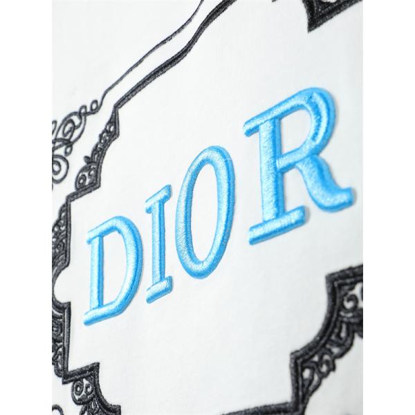  ホワイト 半袖Tシャツ DIOR ブルーロゴ刺繍 ディオール コピー ブラックフレーム装飾 クルーネック 無地バックデザイン