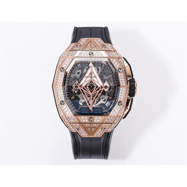 ローズゴールド調 腕時計 HUBLOT ビジュー装飾ベゼル ウブロ スーパー コピー 時計 スケルトン文字盤 ブラックラバーベルト