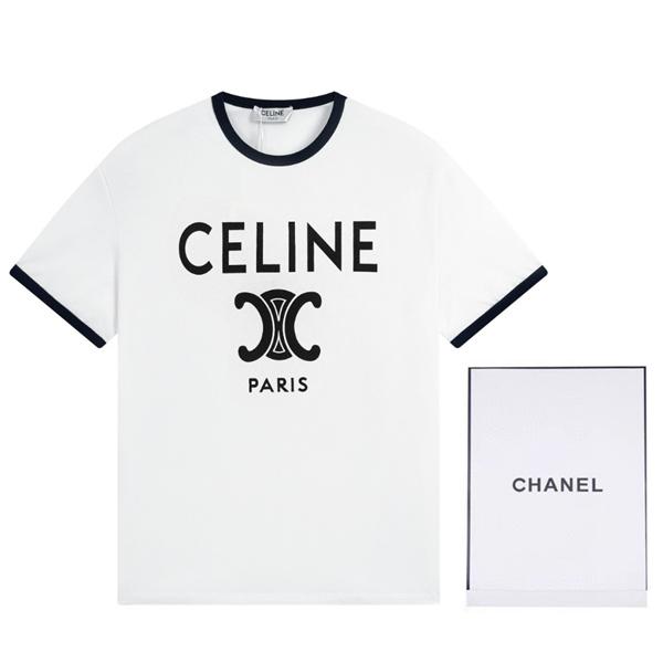  ホワイト リンガーTシャツ CELINE トリオンフロゴ セリーヌ コピー ブラックパイピング 半袖 クルーネック PARISプリント