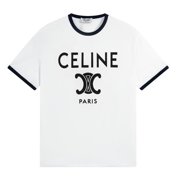  ホワイト リンガーTシャツ CELINE トリオンフロゴ セリーヌ コピー ブラックパイピング 半袖 クルーネック PARISプリント