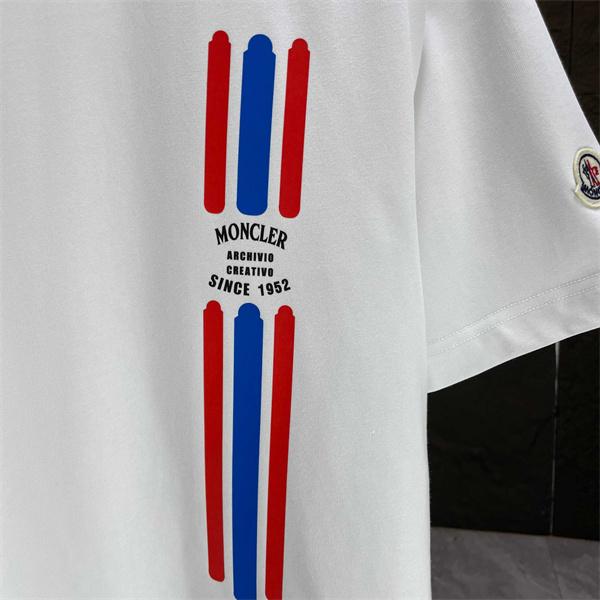  ホワイト 半袖Tシャツ MONCLER トリコロールライン モンクレール コピー 袖ロゴワッペン クルーネック フロント縦ロゴ