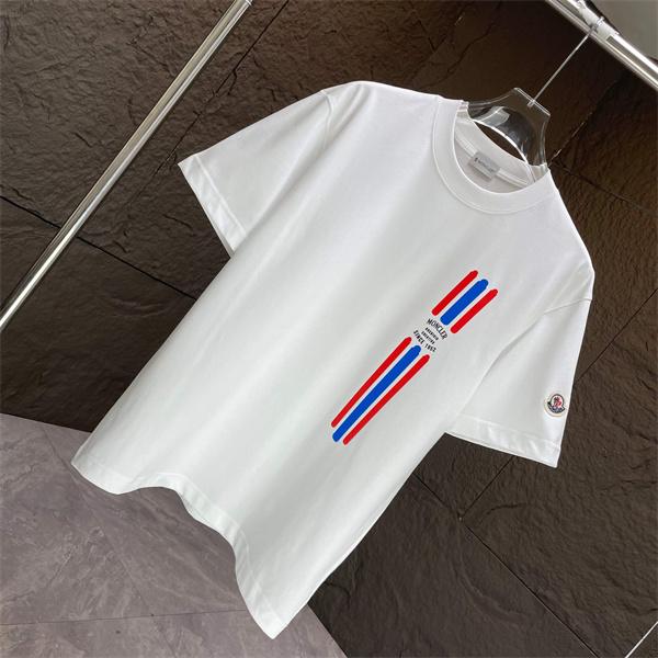 ホワイト 半袖Tシャツ MONCLER トリコロールライン モンクレール コピー 袖ロゴワッペン クルーネック フロント縦ロゴ