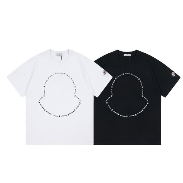 ブラック ホワイト 半袖Tシャツ MONCLER アウトラインロゴ モンクレール コピー 袖ワッペン クルーネック ブラックラインプリント