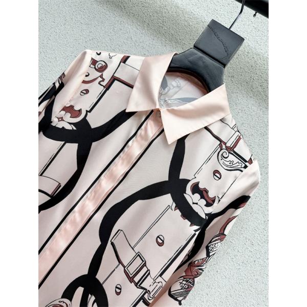 ピンクベージュ 総柄セットアップ HERMES 長袖シャツ エルメス コピー ワイドパンツ ベルトモチーフ スカーフ柄風