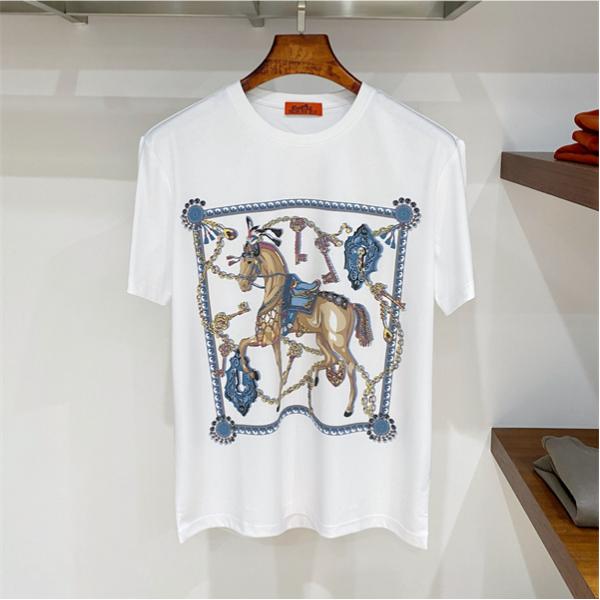 ホワイト 半袖Tシャツ HERMES スカーフ柄プリント エルメス コピー ホースモチーフ クルーネック フロントグラフィック