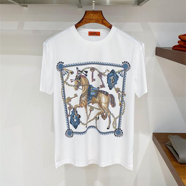 ホワイト 半袖Tシャツ HERMES スカーフ柄プリント エルメス コピー ホースモチーフ クルーネック フロントグラフィック