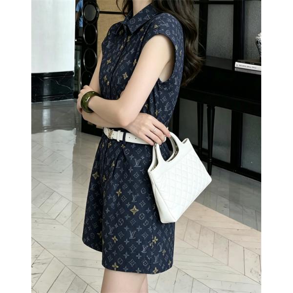 ネイビー ショートオールインワン Louis Vuitton LV総柄 ルイヴィトン コピー 襟付きトップス風