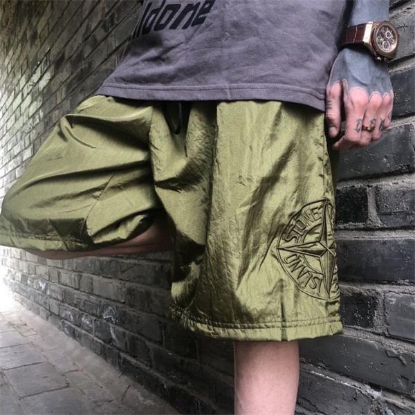  カーキ ナイロンショーツ Stone Island ロゴパッチ ストーンアイランド コピー ワイドシルエット ドローコード 半ズボン
