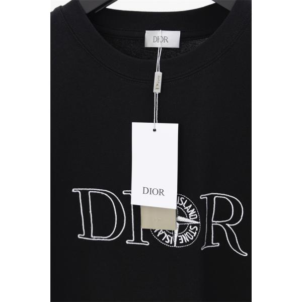 ブラック ホワイト 半袖Tシャツ DIOR フロントロゴ ディオール コピー ブラックライン刺繍風 クルーネック 無地バック