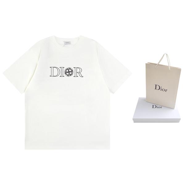 ブラック ホワイト 半袖Tシャツ DIOR フロントロゴ ディオール コピー ブラックライン刺繍風 クルーネック 無地バック