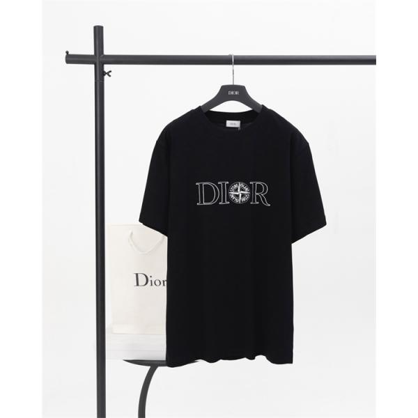 ブラック ホワイト 半袖Tシャツ DIOR フロントロゴ ディオール コピー ブラックライン刺繍風 クルーネック 無地バック