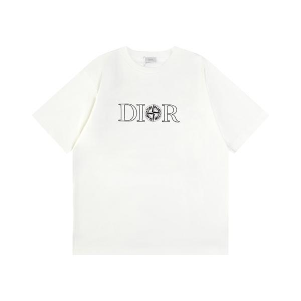 ブラック ホワイト 半袖Tシャツ DIOR フロントロゴ ディオール コピー ブラックライン刺繍風 クルーネック 無地バック