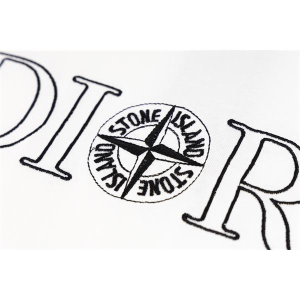 ブラック ホワイト 半袖Tシャツ DIOR フロントロゴ ディオール コピー ブラックライン刺繍風 クルーネック 無地バック