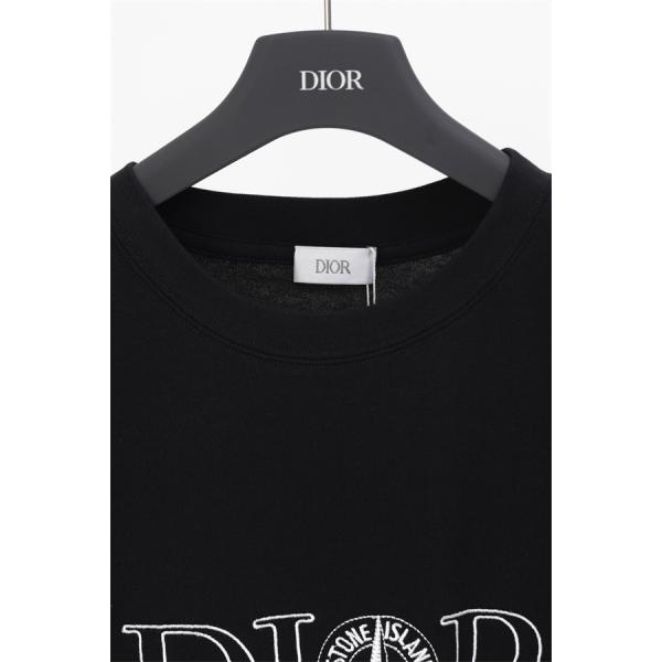 ブラック ホワイト 半袖Tシャツ DIOR フロントロゴ ディオール コピー ブラックライン刺繍風 クルーネック 無地バック