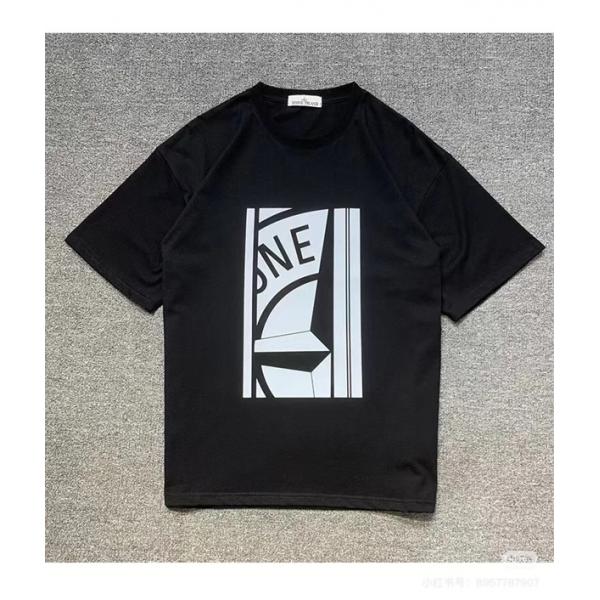ブラック 半袖Tシャツ Stone Island フロントグラフィック ストーンアイランド コピー ホワイトプリント クルーネック ロゴデザイン