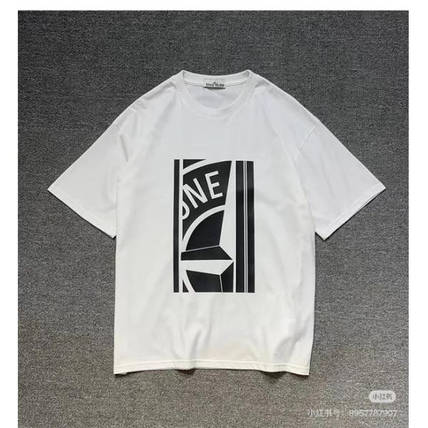 ブラック 半袖Tシャツ Stone Island フロントグラフィック ストーンアイランド コピー ホワイトプリント クルーネック ロゴデザイン