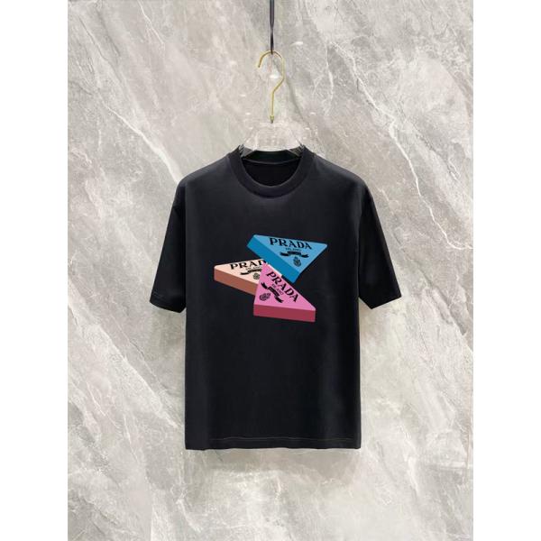 ホワイト 半袖Tシャツ PRADA トライアングルロゴ プラダ コピー カラーブロックプリント クルーネック フロントグラフィック