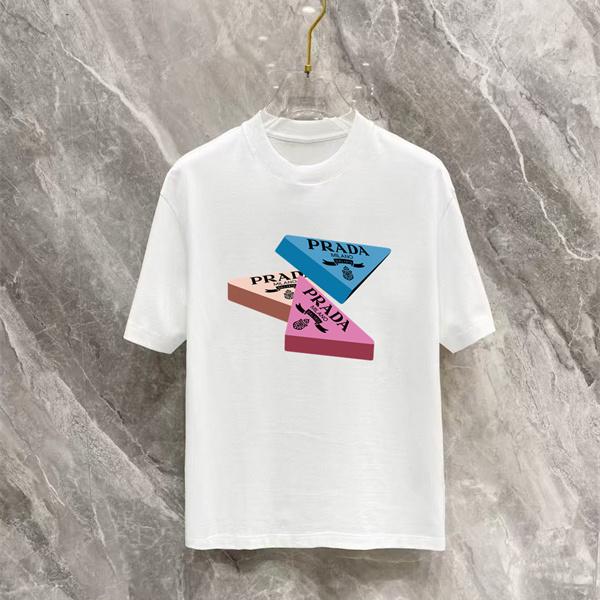 ホワイト 半袖Tシャツ PRADA トライアングルロゴ プラダ コピー カラーブロックプリント クルーネック フロントグラフィック