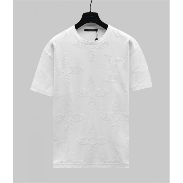 ホワイト 半袖Tシャツ Louis Vuitton エンボスモノグラム ルイヴィトン コピー 同色ロゴ総柄 クルーネック 立体素材感
