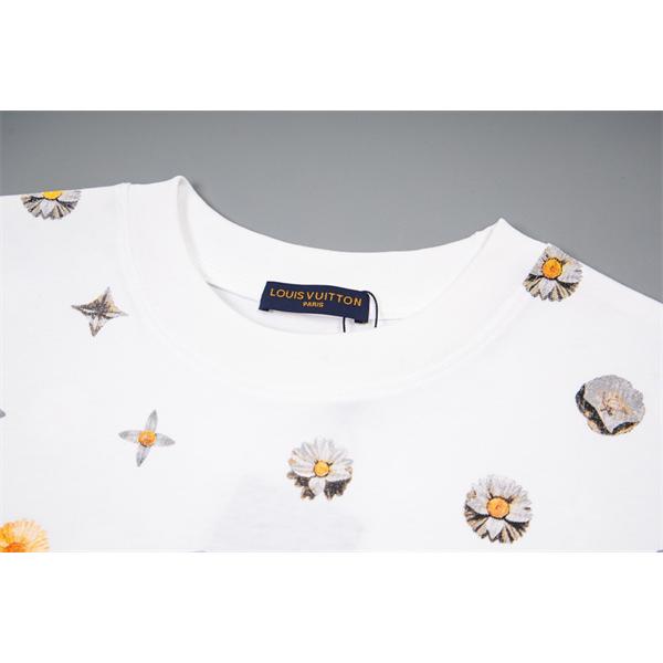ホワイト 半袖Tシャツ Louis Vuitton マルチモチーフ総柄 ルイヴィトン コピー クルーネック カラーロゴプリント