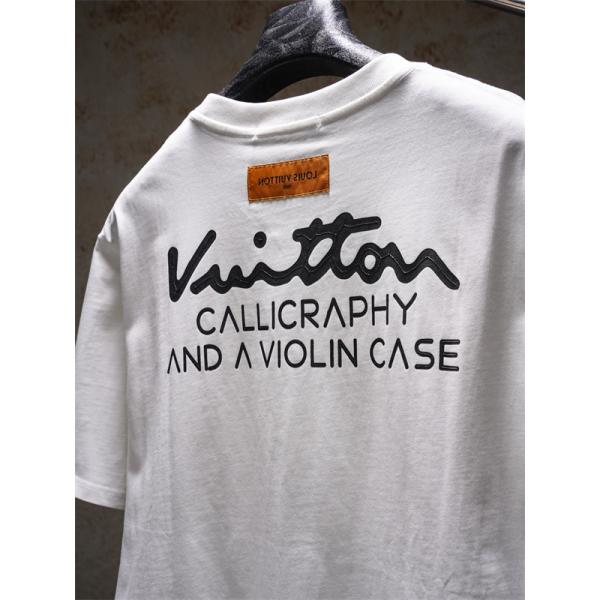  ホワイト 半袖Tシャツ Louis Vuitton バックロゴプリント ルイヴィトン コピー カリグラフィ文字 クルーネック シンプルフロント