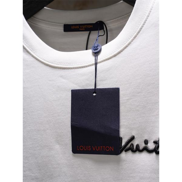  ホワイト 半袖Tシャツ Louis Vuitton バックロゴプリント ルイヴィトン コピー カリグラフィ文字 クルーネック シンプルフロント