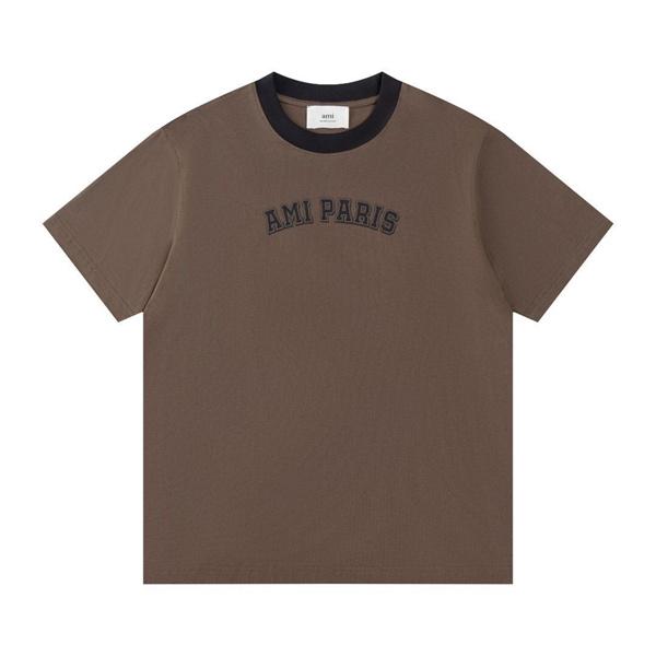 ホワイト リンガーTシャツ AMI PARIS 胸元ロゴ アミパリス コピー ブラックリブ 半袖 クルーネック