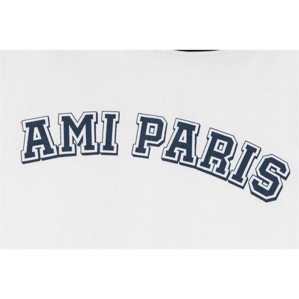 ホワイト リンガーTシャツ AMI PARIS 胸元ロゴ アミパリス コピー ブラックリブ 半袖 クルーネック